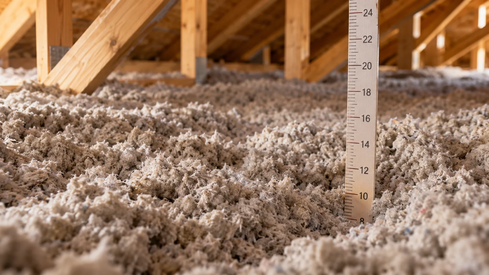 A depth marker in loose-fill attic insulation